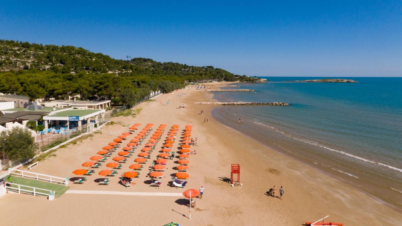 Rows of red beach umbrellas cover chairs along a sandy coastline with calm blue waters and green hills beyond at Spiaggia Lunga