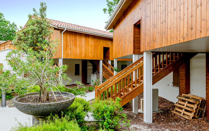 Large potted plant sits by wooden cabins with elevated staircases surrounded by greenery and wood piles at Residence Les Rives du Lac