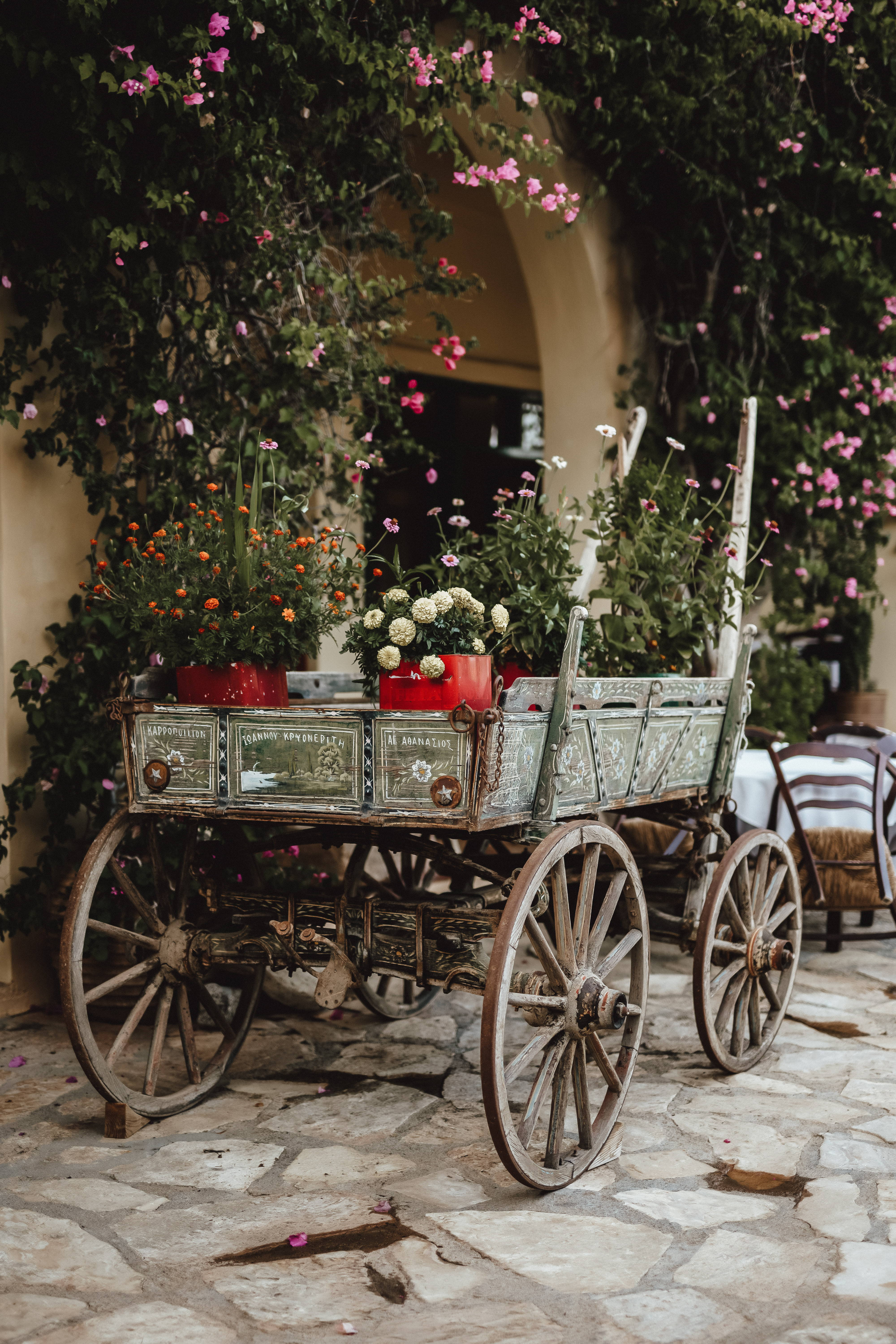 An old wooden cart holding vibrant flowers, standing in front of an ivy-covered building at Candia Park Village