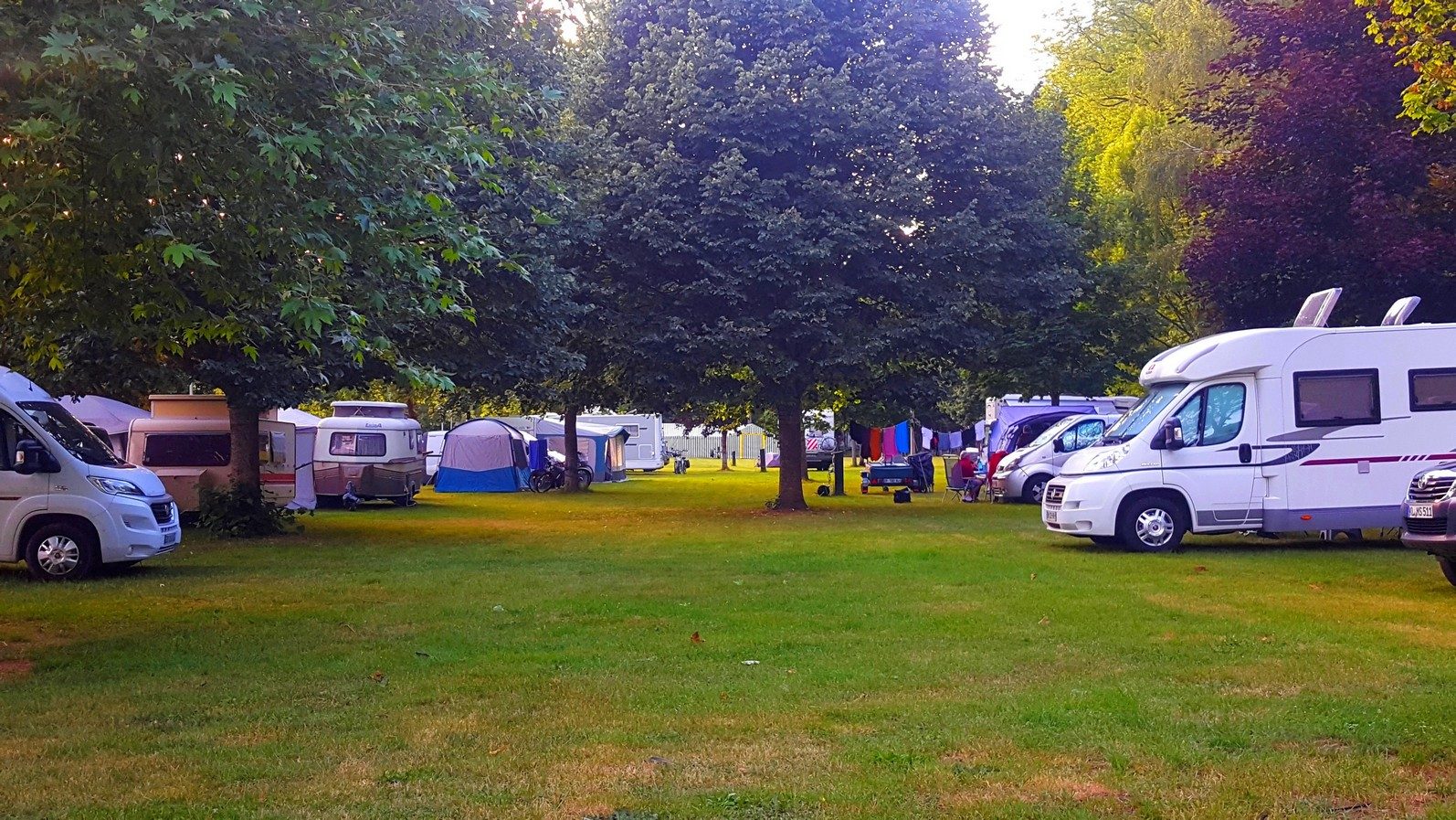 Caravans and motorhomes parked among trees, with tents and camping gear scattered on a grassy area at Seasonova Le Martinet