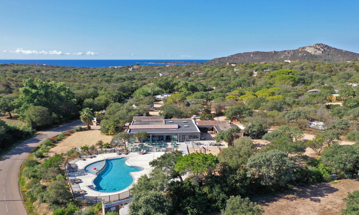 Swimming pool nestled among trees near a road, with buildings and a distant mountain, overlooking the sea at Camping Le Damier
