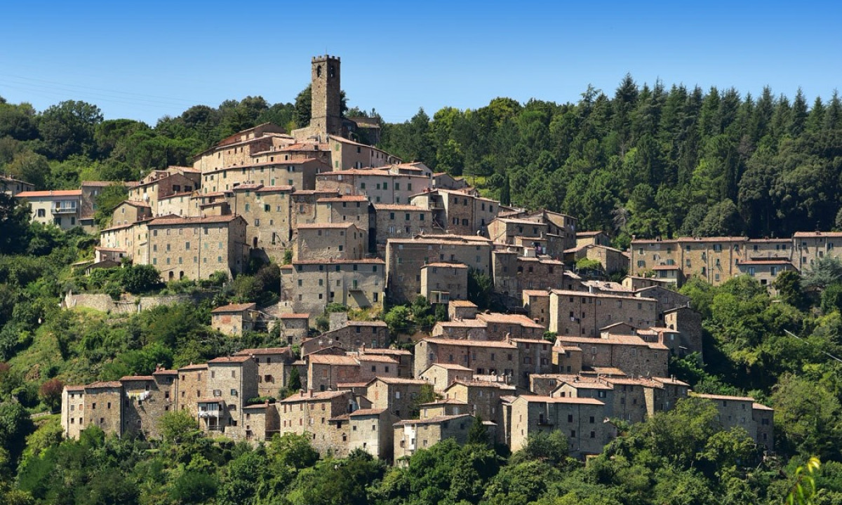 Hilltop village buildings with a central tower positioned on a lush, green mountainside, under a clear blue sky at Valle Gaia