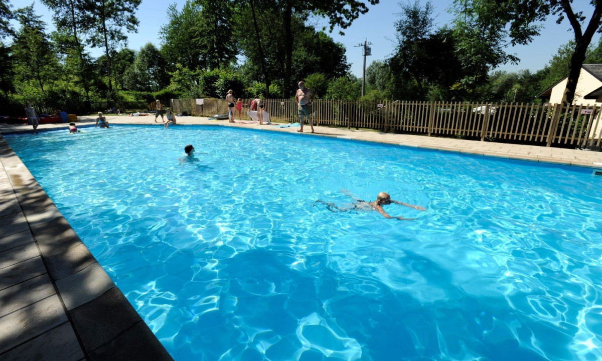 People swimming in a clear outdoor pool, surrounded by trees and fencing, on a sunny day at de Chênefleur